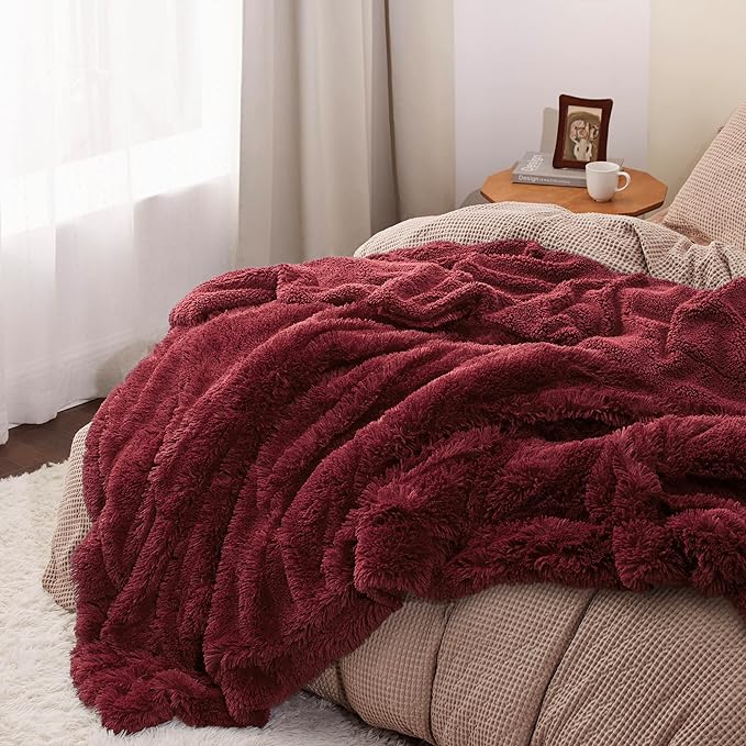 Bedsure Fluffy Burgundy Red King Size Blanket for Bed, Thick Soft Sherpa Faux Fur Fleece Bedding Fuzzy Plush Winter Warm Heavy Oversize Big Large King Blanket, Cozy Red Gifts for Men Women, 108x90