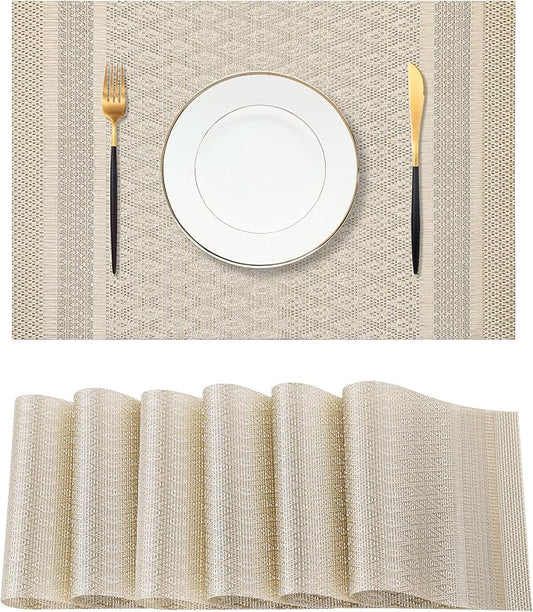 Leetaltree Stardust Yellow Placemats Set of 6 - Heat Resistant Non-Slip Place mats for Dining Table, Washable Durable PVC Vinyl Woven Table Mats(Stardust Yellow, 6)