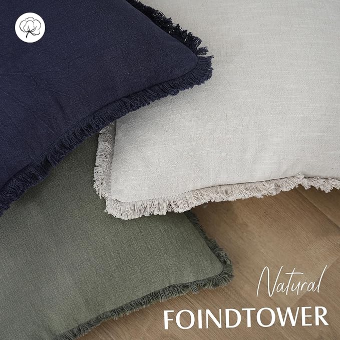 Foindtower Set of 2 Decorative Linen Fringe Lumbar Throw Pillow Covers Boho Farmhouse Cushion Cover with Tassels Soft Accent Pillowcase for Couch Sofa Bed Living Room Home Decor,12×20 Inch,Olive Green