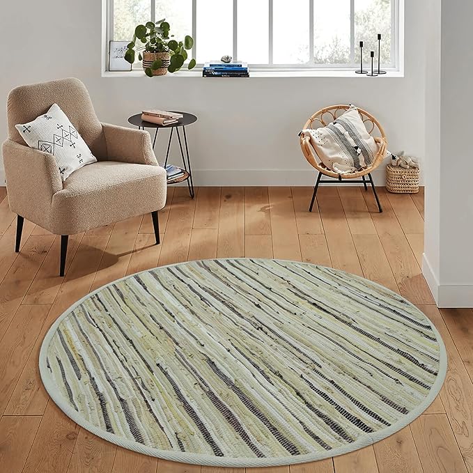Area Rugs 4Ft Round Beige Cotton Rug Farmhouse Handwoven for Bedroom, Bathroom,Living Room | Boho Reversible Washable RagRug Circle Carpet for Kitchen, Patio, Kids Playroom, Nursery