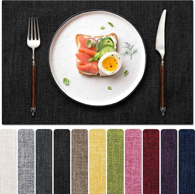 Placemats Set of 4, Dual-Layered Thickened Faux Linen Cloth Place Mats Heat Resistant Machine Washable Wrinkle Free Table Mats Indoor/Outdoor (Black)