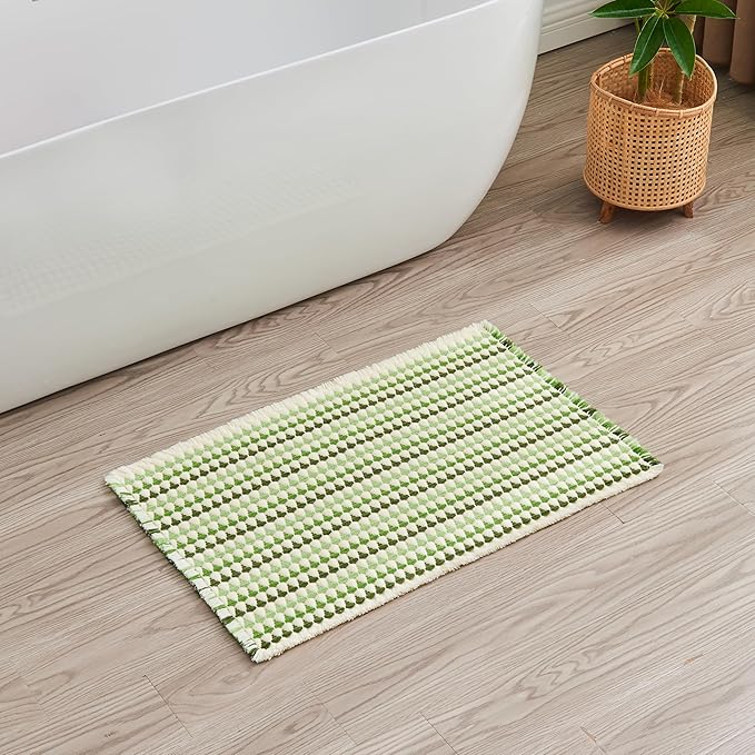 Douceur Boho Bath mat for Bathroom Floor Non Slip, Acrylic Blend Cute Bath Mats with Tassels, Quick Dry Bath mats Machine Washable, 24" x 36", Green