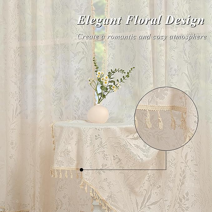 JOOJA Boho Lace Curtains 84 Inch Length 2 Panels Beige Sheer Floral Leaf with Tassels, Semi Blackout Privacy Curtains for Bedroom & Living Room Beige 52"x84"