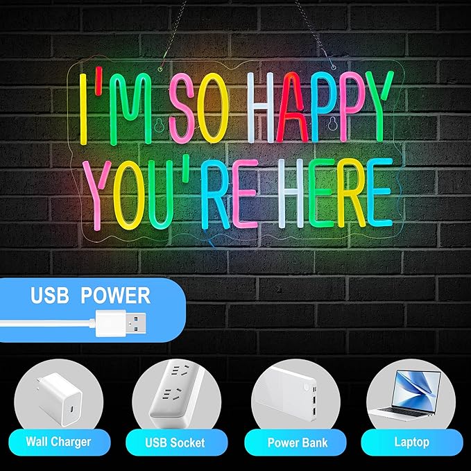 I'm So Happy You're Here Neon Sign for Wall Décor Dimmable LED Neon Light USB Powered Neon Art Signs Decor