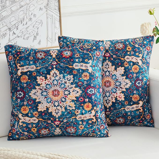 Boho Throw Pillow Covers 16x16 inch Set of 2,Boho Vintage Carpet Pattern Antique Ethnic Decor Double Sided Pattern Cushion Cover Soft Pillow Case Living Sofa Room Bed Square Pillow Cover