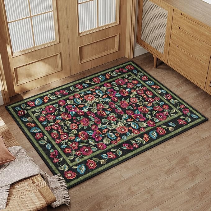 Black Area Rug 2x3 Washable Entryway Door Mat Entrance Non Slip Kitchen Carpet Soft Floral Indoor Vintage Low Pile Accent Throw Rug for Office Dining Room Nursery Bathroom Farmhouse