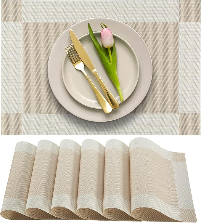 More Décor Dining Table Placemats, Washable Heat-Resistant PVC Vinyl Table Mats for Dining Room and Kitchen, Anti-Slip Set of 4 or 6 (Ivory, 8)