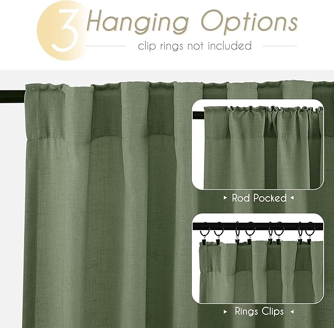 Olive Green Curtains 84 inch Length 2 Panels for Bedroom Back Tab Light Filtering Semi Sheer Drapes Linen Cotton Textured Airy Modern Farmhouse Living Room Sage Aesthetic Decor 52x84