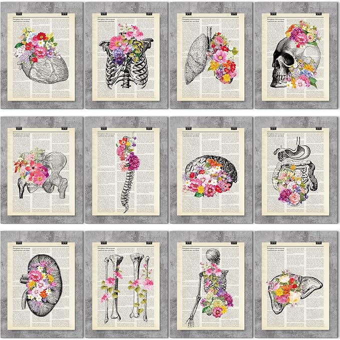 Jetec 12 Pieces Medical Dictionary Art Set 8 x 10 Inch Anatomy Decor Vintage Anatomical Posters Vintage Floral Human Wall Decor for Doctor Office Clinic Gift for Nurses Med