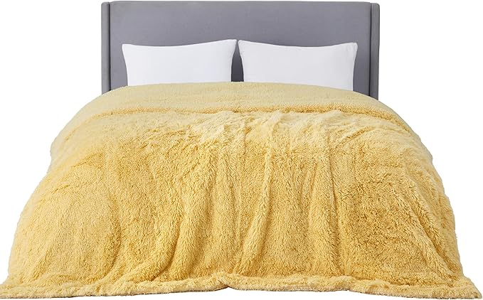 Bedsure Fluffy Yellow Blankets Queen Size for Bed, Thick Sherpa Faux Fur Fleece Fuzzy Plush Winter Warm Heavy Soft Full Queen Blankets, Bedroom Decor Yellow Gifts Cozy Gifts for Women Men, 90x90