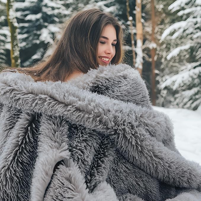 Bedsure Fuzzy Sherpa Faux Fur Twin Blanket Grey Cozy Gifts for Women Men, Soft Fleece Plush Warm Minky Thick Blanket Twin Size for Bed, Couch, Room Decor Dorm Essentials Grey Decor Gifts, 60x80