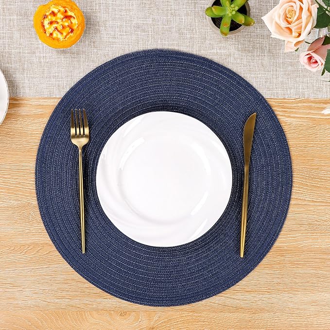 SHACOS Round Placemats Set of 6 Washable 15 inch Circle Cotton Polyester Woven Braided Place Mats for Dining Table Indoor Outdoor Table Mats Home Party Wedding Decor (Navy, 6)