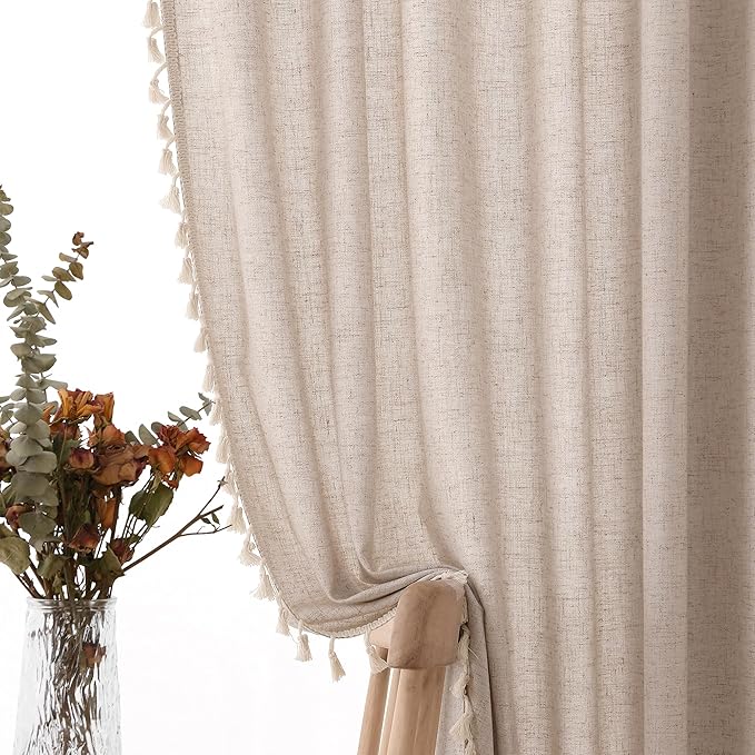 Oatmeal Beige Linen Textured Curtains 80 Inches Long 2 Panels Boho Farmhouse Semi Sheer Window Curtains Tassels Back Tab Neutral Light Filtering Chic Curtain Drapes for Living Room Bedroom 52x80