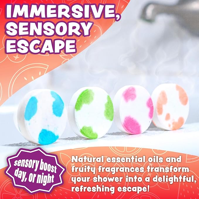 Tub Works® Fruit Fusion™ Shower Steamers for Kids, Variety 12 Pack | Fresh & Fruity Shower Steamers Aromatherapy | Fun Shower Bombs | Alternative to Kids Bath Bombs for a Sensory Shower Experience