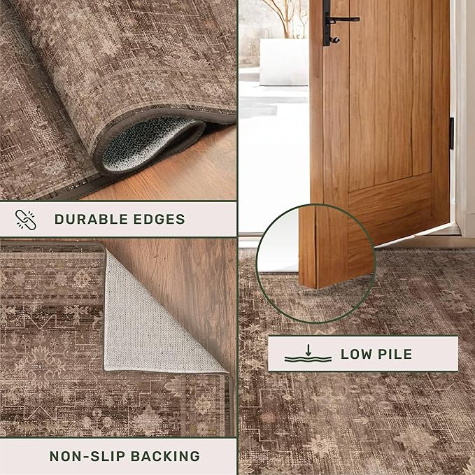 Taupe Brown Living Room Rug 6x9 - Vintage Traditional Eclectic Unique Neutral, Washable Low Pile Non-Slip Large Area Rugs for Dining Under Table Bedroom Lounge