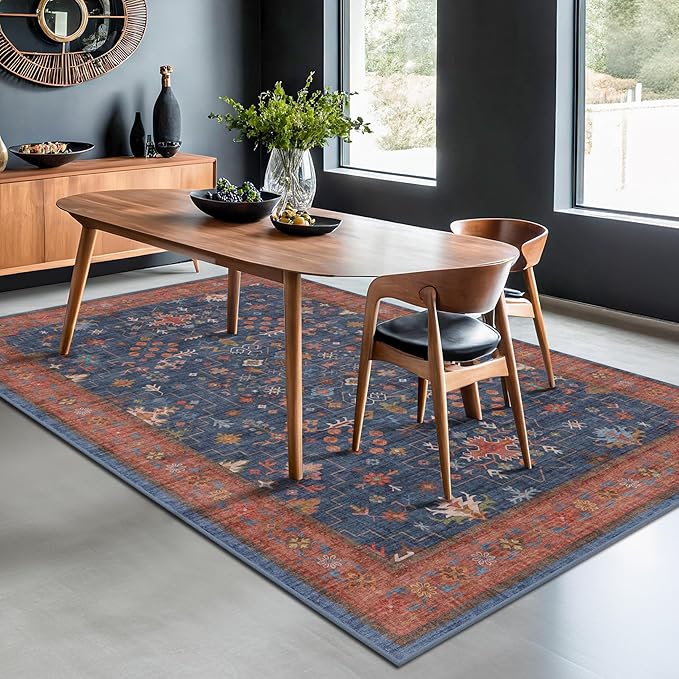 Dark Blue & Terracotta 5x8 Living Room Rug - Machine Washable Area Rugs for Bedroom, Dining Room, Kitchen Floor, Small Office, Low Pile Non-Slip Rubber Backing & Stain Resistance