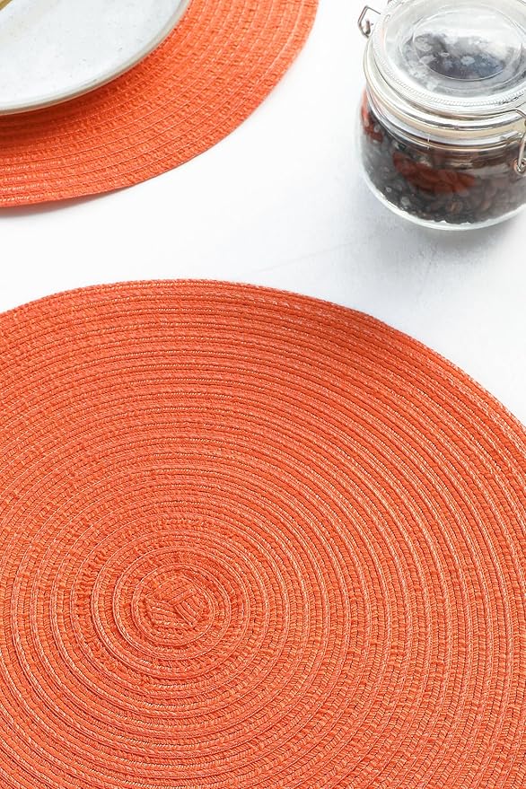 Floroom 15 Inch Round Braided Placemats Set of 4, Washable Heat Resistant Cotton Polyester Circle Place Mats for Kitchen Dining Table - Coral Orange