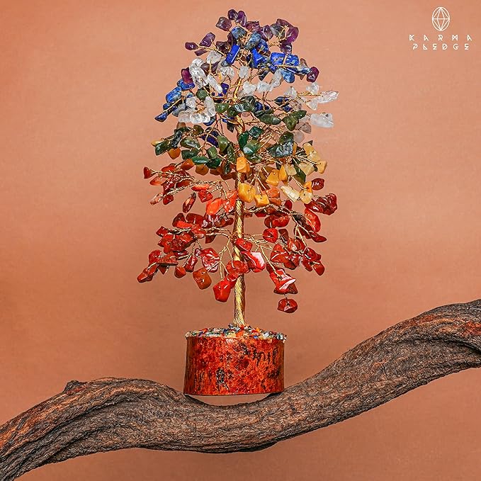 7 Chakra Healing Crystal Tree of Life with Manifestation Card, Handmade Golden Wire Crystal Tree for Good Luck, Positive Energy, Wealth, Reiki Healing, and Decor, Gift for Women and Mom