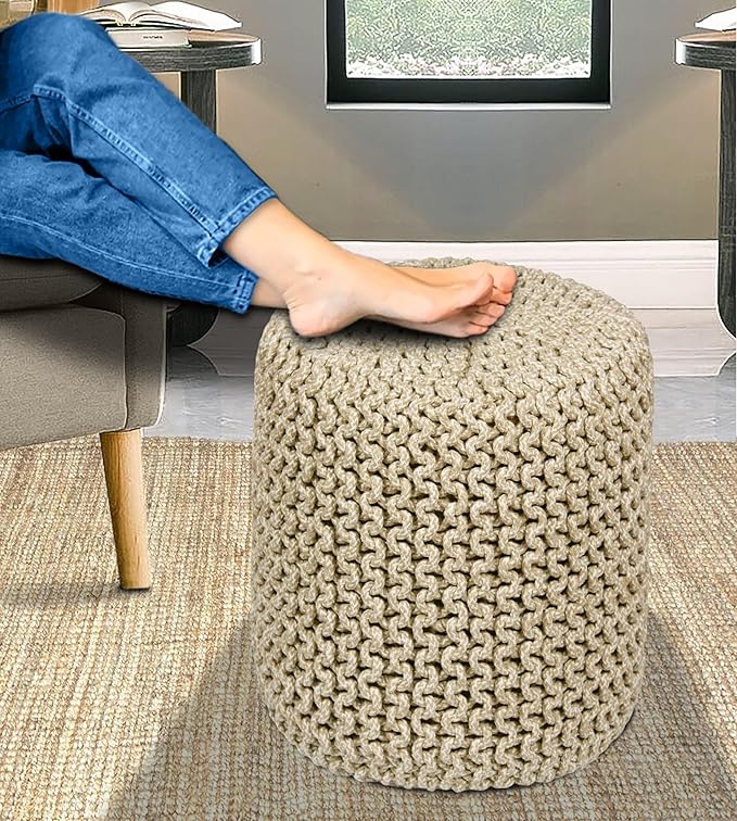 COTTON CRAFT Braided Round Pouf - Hand Knitted Cotton Tweed Cord Cable Dori Cylindrical Ottoman - Foot Stool Floor Pouf Footrest Accent Furniture - Family Room Bedroom Dorm Décor - 15" x 16" - Natural