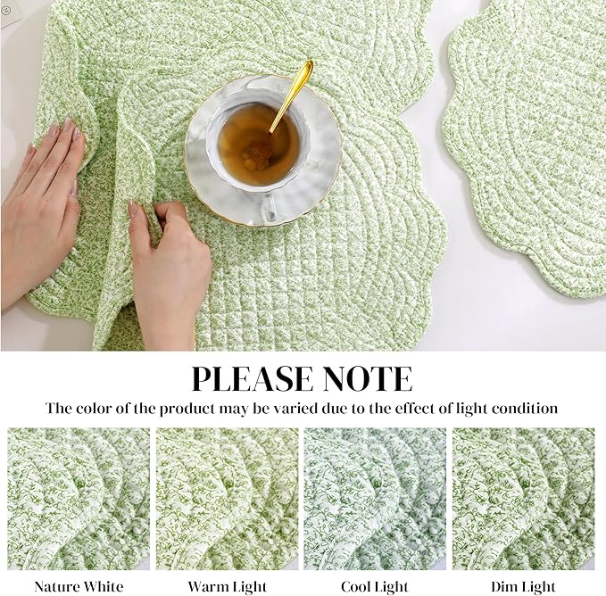 HOMBYS Quilted Placemats Set of 6 Washable Round Placemats for Kitchen Table-100% Cotton Fabric 13 Inch Round Table Mats, Cotton Fabric with Microfiber Filling, (13"x13", White & Green Flower)