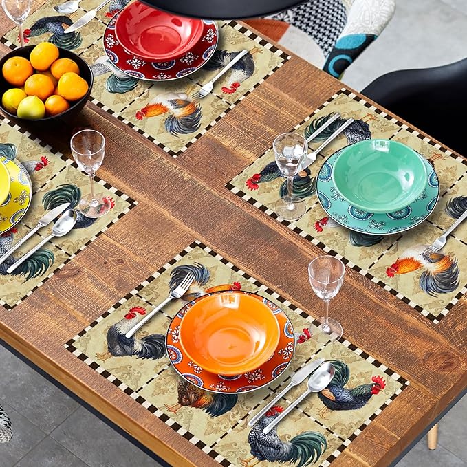 Rooster Placemats Set of 4-12 x 18 Inch Farm Animal Chicken Cotton Linen Table Mat Country Style Buffalo Plaid Decoration Washable Table Place Mats for Kitchen Dining Party