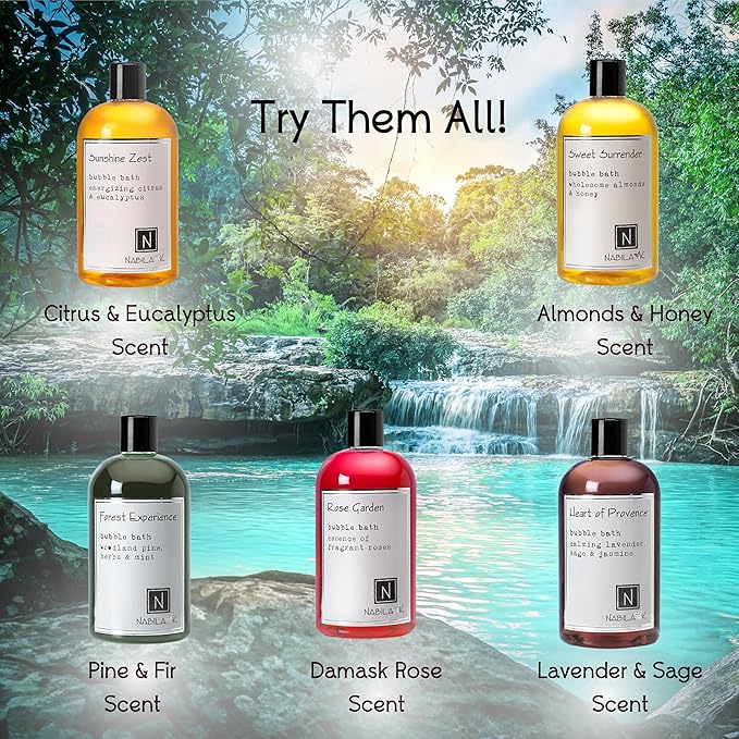 Assorted Bubble Bath Collection (Set of 5) by Nabila K - Forest Experience, Sunshine Zest, Rose Garden, Sweet Surrender, Heart of Provence - Essential Oils with Natural Ingredients - 8 oz