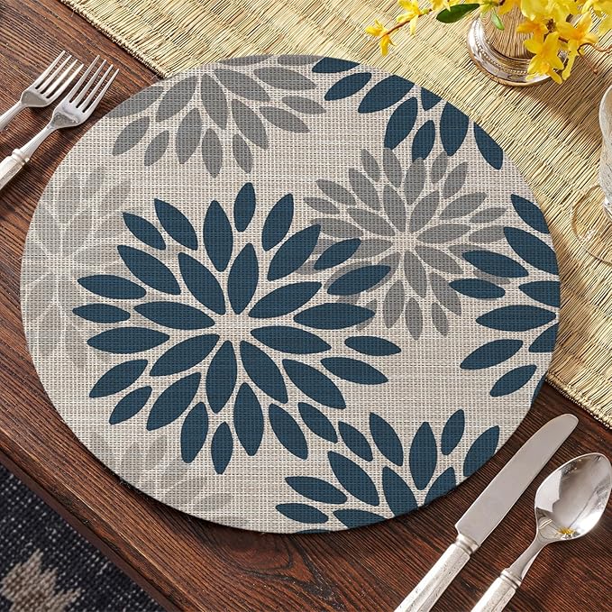 Artoid Mode Navy Dahlia Plastic Round Placemats Set of 4, 14 Inch Seasonal Wipeable Woven Vinyl Table Mats for Farmhouse Party Kitchen Dining Decor