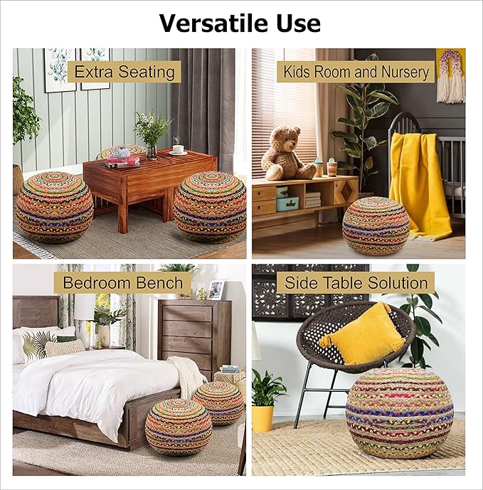 COTTON CRAFT Jute Chindi Pouf Ottoman – One of a Kind Jute Cotton Braided Moroccan Boho Kilim Foot Stool Bean Bag Accent Seating – Bedroom Dorm Kids Room Rustic Decorative Round Pouf – 18x14 - Multi
