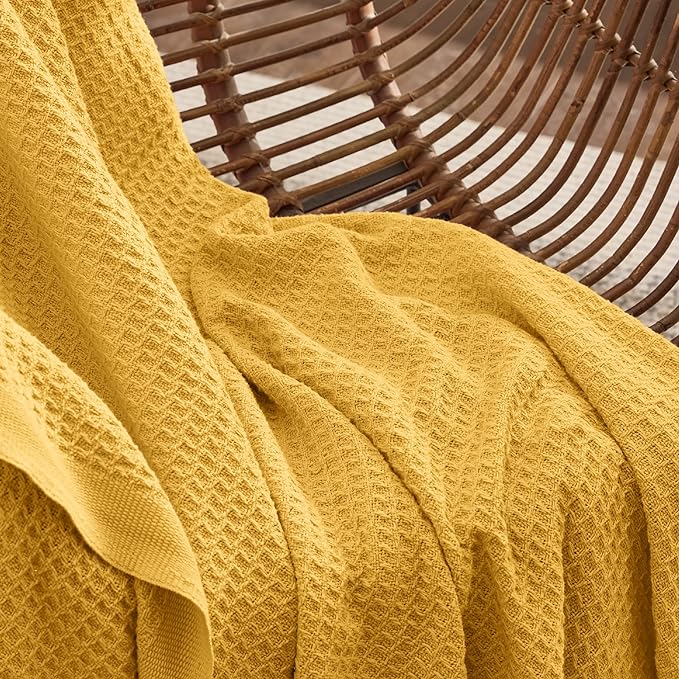 Bedsure 100% Cotton Blanket King Size for Bed - Breathable and Soft, Waffle Weave Blanket for Summer Spring, Mustard Yellow, 104x90 inches