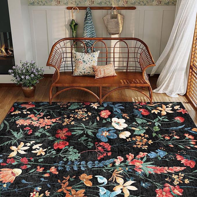 Black Area Rug 3x5 Office Floral Boho Door Mat Indoor Washable Kitchen Carpet Non Slip Bedroom Low Pile Lightweight Soft Throw Rug for Living Dining Room Bathroom
