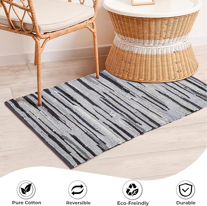 Rug Area Rugs Cotton Charcoal 2x3 Ft Multicolour Chindi for Livingroom Bedroom Washable RagRug Reversible Farmhouse Kitchen RunnerRug Carpet Area Runner Mat for Hallway, Entryway