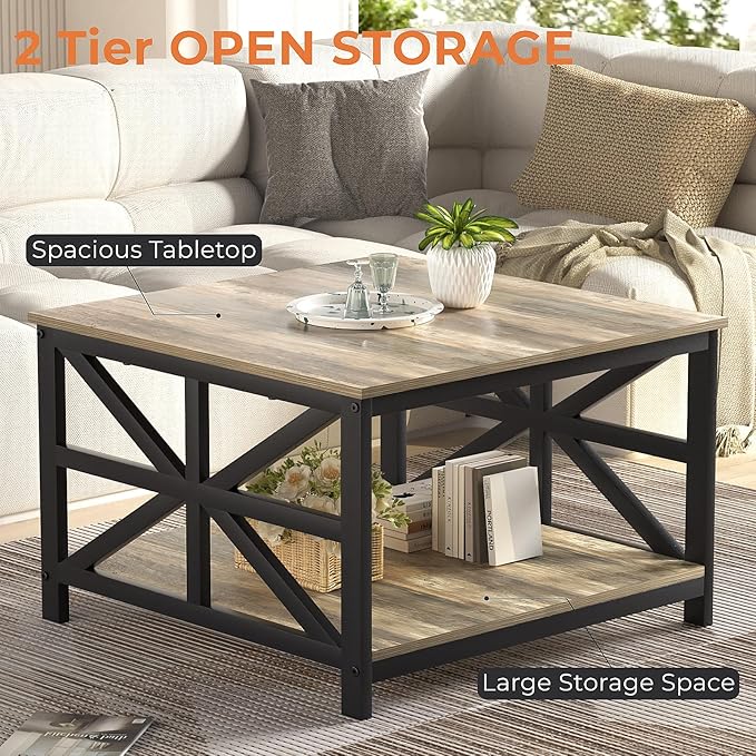 GreenForest Coffee Table with Storage for Living Room, Small Square Center Tables with Seamless One-Piece Tabletop Farmhouse Style, Grey Wash