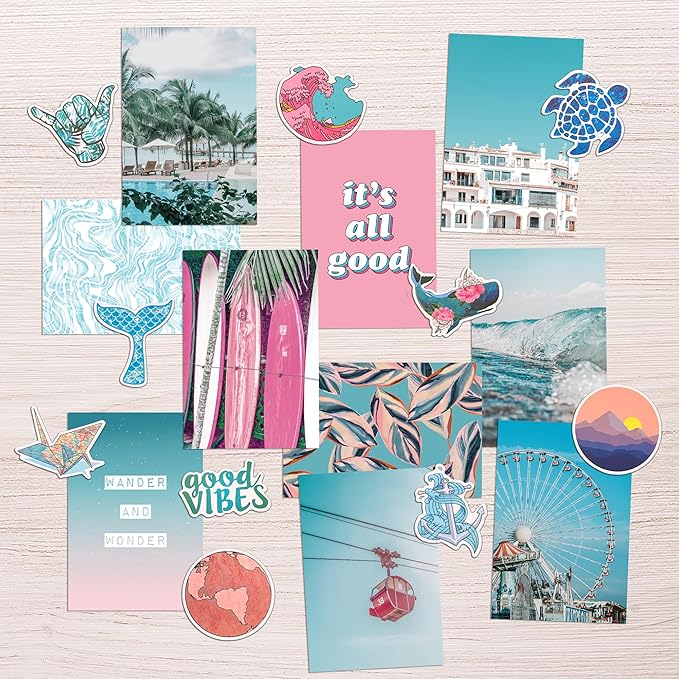 Artivo Blue Wall Collage Kit Aesthetic Pictures, 50 Set 4x6 inch, Pink VSCO Bedroom Decor for Teen Girls, Summer Beach Wall Art Print, Dorm Photo Collection, Small Posters for Room