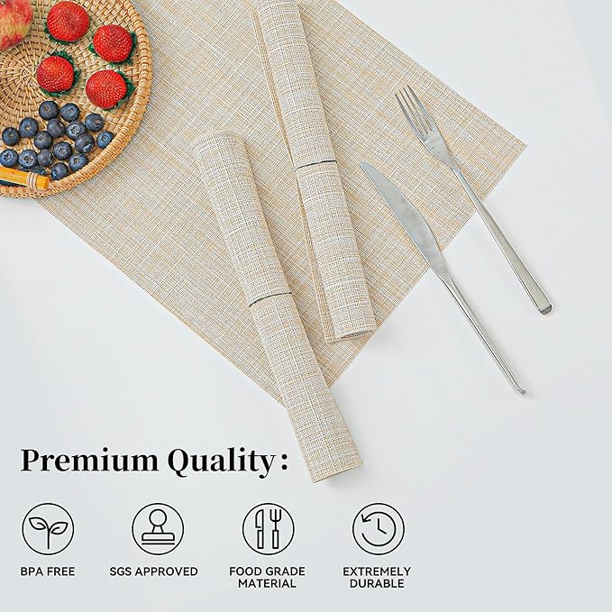 Leetaltree Beige Placemats Set of 8 - Heat Resistant Non-Slip Place mats for Dining Table, Washable Durable PVC Vinyl Woven Table Mats(Beige, 8)