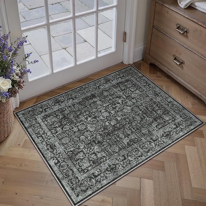 Dark Black Entryway Area Rug 2x3 Door Mat Machine Washable Kitchen Vintage Distressed Non Slip Carpet Indoor Retro Floral Accent Throw Small Rug for Bathroom Office Bedroom Dining Room