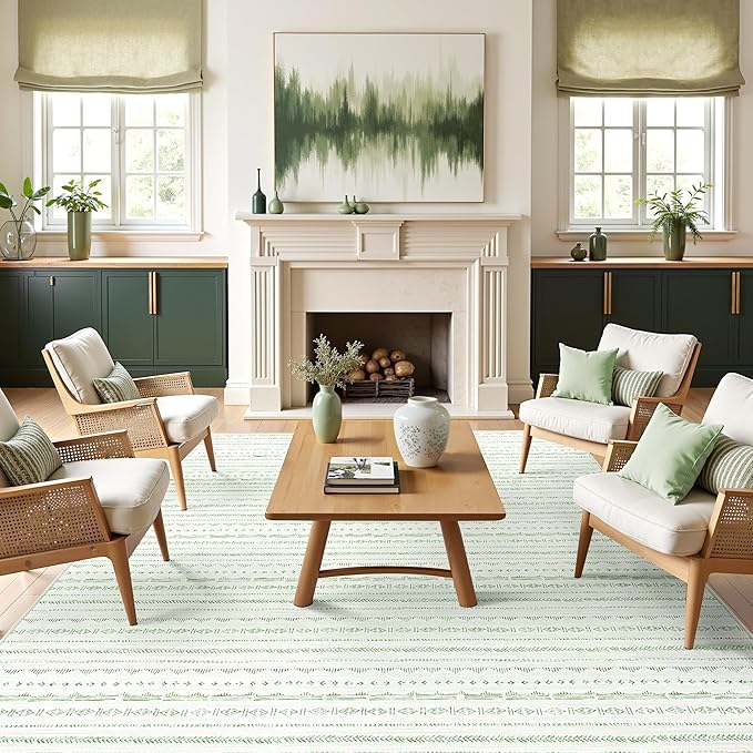 Sage Green Area Rug 6x9 Living Room Distressed Area Rugs, Non Slip Washable Rugs Large Moroccan Boho Farmhouse Rug for Bedroom Dining Room, Neutral Low Pile Indoor Floor Carpet