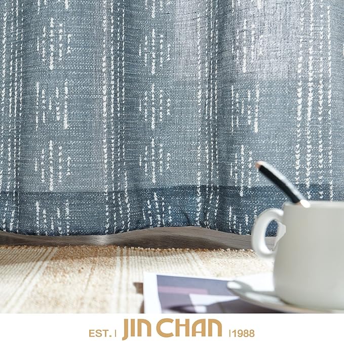 jinchan Boho Curtainsfor Living Room Blue Farmhouse Boho Curtains 84 Inches Long Geometric Striped Mudcloth Light Filtering Bedroom Window Grommet Curtains 2 Panels Blue on Beige