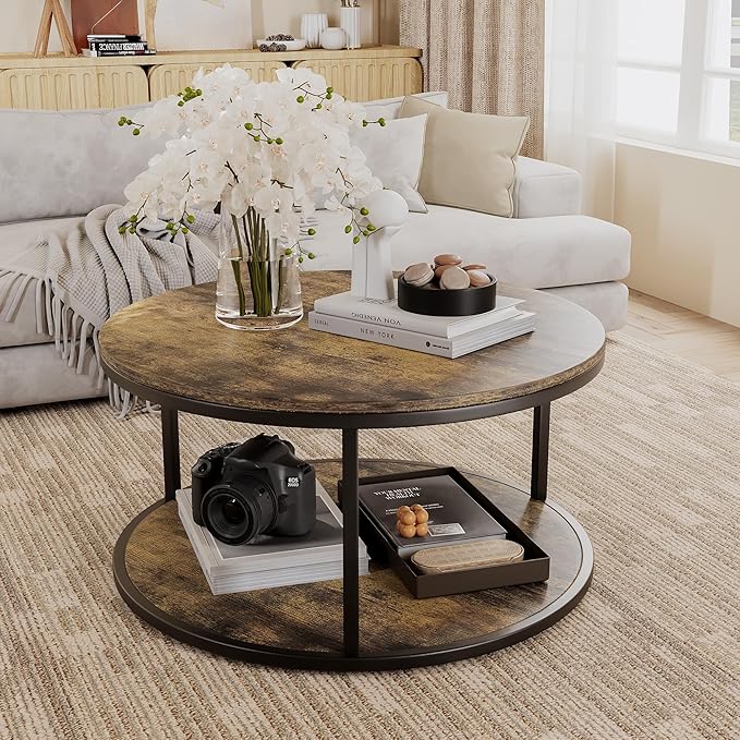 YESHOMY 36“ Wood Round Coffee Table, Coffee Tables for Living Room, Metal & Wood Round Table, Small Space Solution for Living Room Furniture, Rustic Brown
