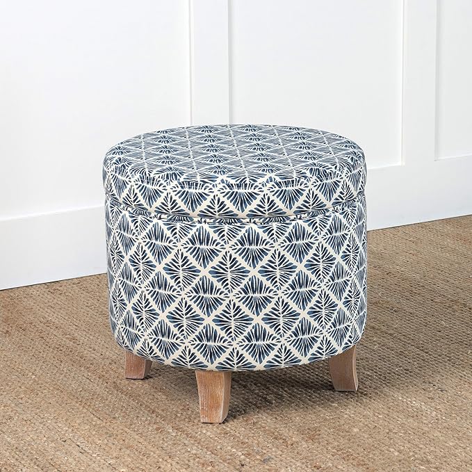 Homepop Home Decor | Upholstered Round Storage Ottoman | Ottoman with Storage for Living Room & Bedroom with Flared Legs, Navy Blue Geometric Pattern Large