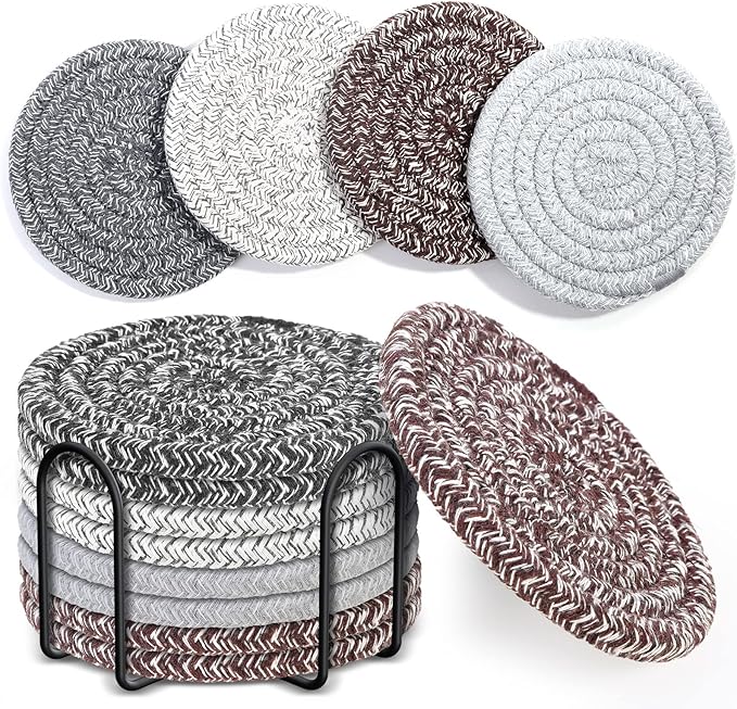 Mckanti 8 Pcs Coasters for Drink with Holder, 4 Colors Absorbent Coasters for Drinks, Minimalist Cotton Woven Coaster Set for Home Decor Tabletop Protection Suitable for Kinds of Cups, 4.3 Inches.