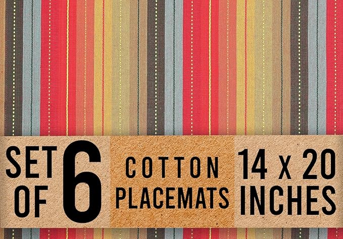 Urban Villa Placemats for Dining Table 100% CottonPlacemats 14''x20'' Over Sized Tablemats Set of 6 Placemats Multicolor Cuisine Stripes Tablemats for Family Dinners Wedding PartiesPlacemats