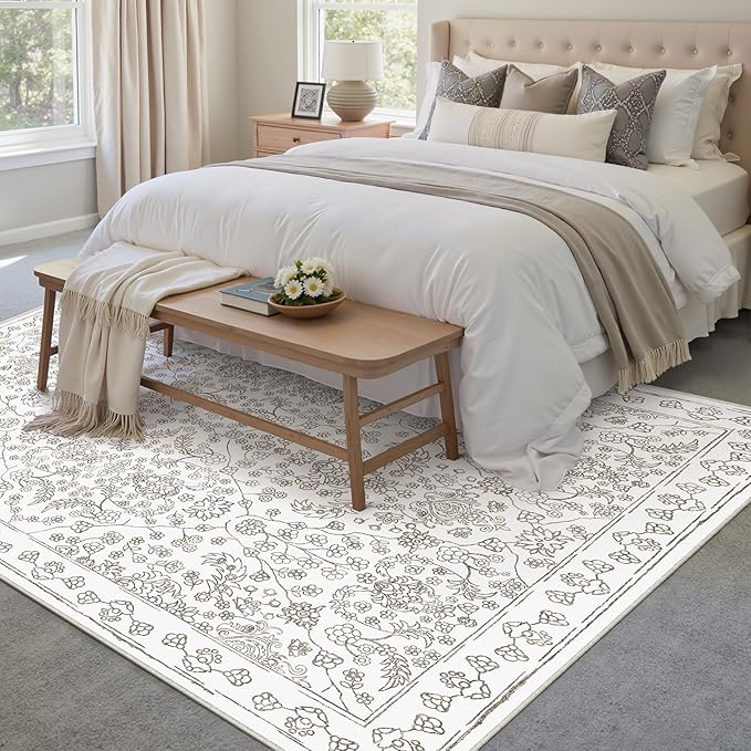 Floral Area Rug 4x6 Washable Entryway Taupe Carpet Non Slip Boho Thin Farmhouse Throw Accent Rug for Living Room Bedroom Office Kitchen Bathroom