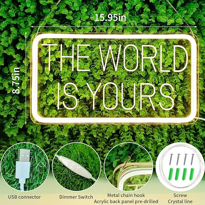 The World is Yours Neon Signs for Wall Decor 3D Carving Design Neon Sign for Bedroom. Warm White LED Neon Signs for Room, Bar, Office, Birthday Party Wedding