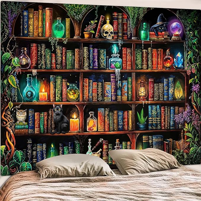Lunerfex Witch Bookshelf Library Tapestry Wall Decor Tapestry for Bedroom Art Tapestries Wall Hanging for Bedroom Living Room Bookshelf06 44"x60"
