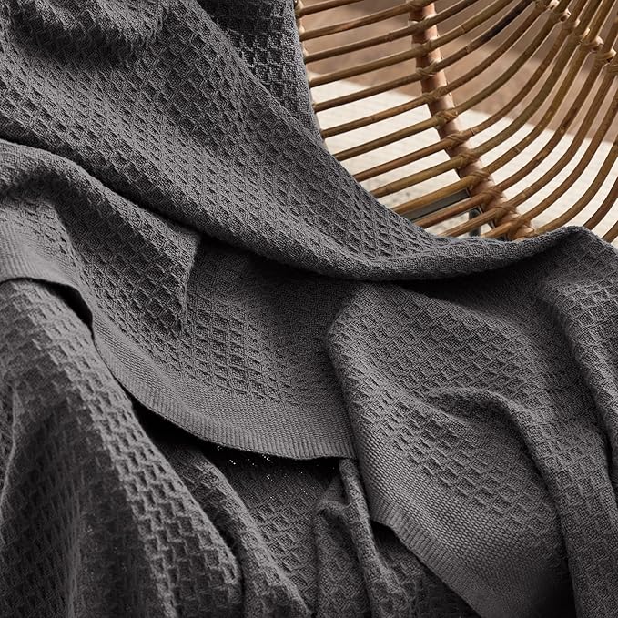 Bedsure 100% Cotton Large Blanket Oversized King for Bed - Breathable Waffle Weave Blanket for Summer Spring, Couch Cover, Dark Grey, 120x94 inches