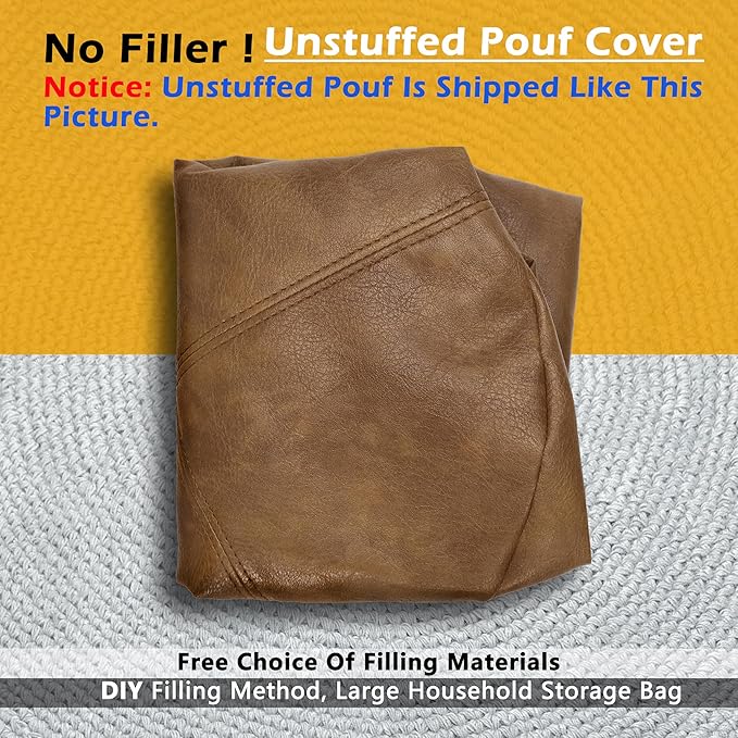 Thgonwid Unstuffed Faux Leather Pouf Cover, Handmade Footstool Ottoman Storage Solution, Floor Footrest Cushion - 16.5”Dx12”H, Mocha