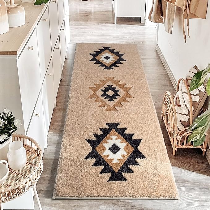 DEXDE Boho Bathroom Runner Rugs 24x60 Long Bath Mat for Bathroom Bedroom Hallway Kitchen Shower Luxury Soft Absorbent Large Bath Rugs Carpet Geometric Farmhouse Home Decor, Beige