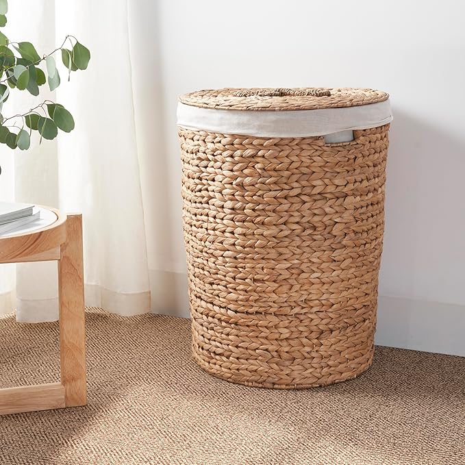 Round Woven Wicker Laundry Hamper with Lid - Large Water Hyacinth Storage Wicker (Natural Brown, 18x18x23 in)