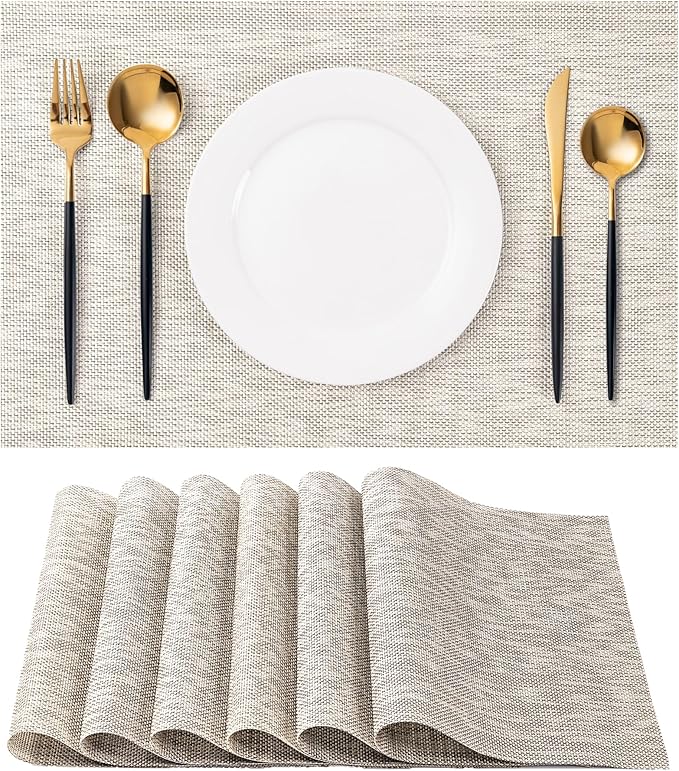 Placemats Set of 6 Washable Indoor/Outdoor Vinyl Place Mats for Dining Table Durable Non-Slip Heat Resistant PVC Weave Table Mats(Beige)
