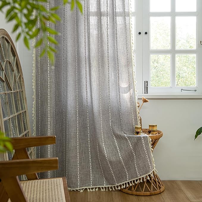Sutuo Home Boho Curtains for Bedroom Living Room, Semi Blackout Linen Farmhouse Shabby Chic Tassels Window Treatment Bohemian Embroidery Drape, Rod Pocket 1 Panel 52" W x 72" L, Brown
